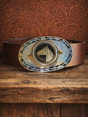 Leather Belt With Vintage Buckle Made USA Horse Design Silver Tone